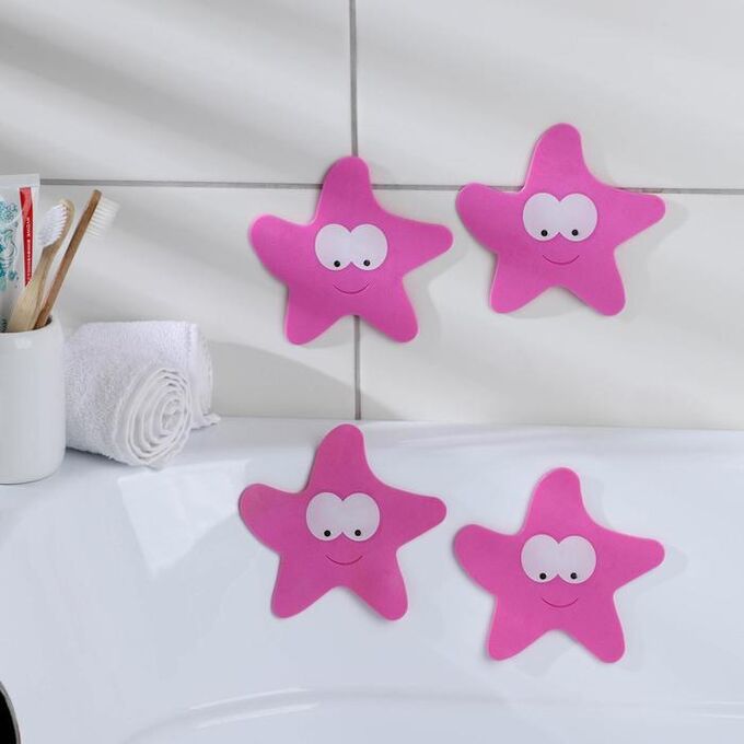 Доляна Набор мини-ковриков для ванны на присосках«Звёзда», 12x13 см, 4 шт, цвет МИКС