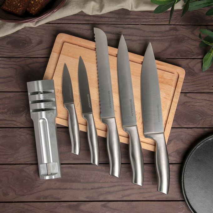 СИМА-ЛЕНД Набор ножей на подставке «Металлик», 5 шт, с универсальной точилкой
