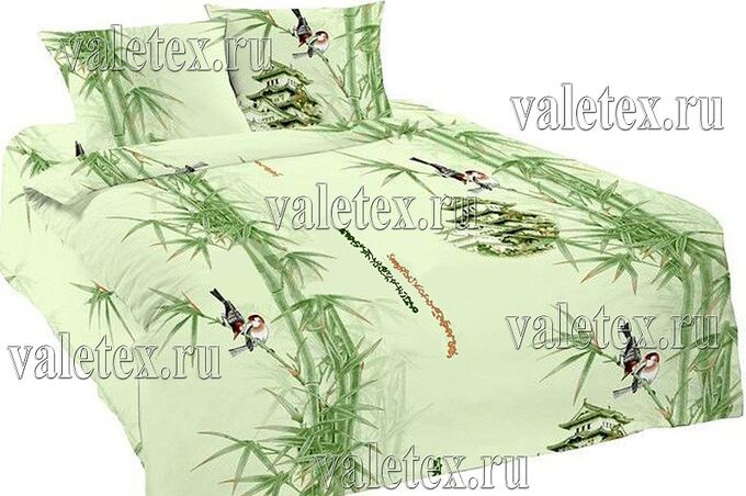 Постельное белье из светло-зеленой шуйской бязи с ветками бамбука и птицами Детский