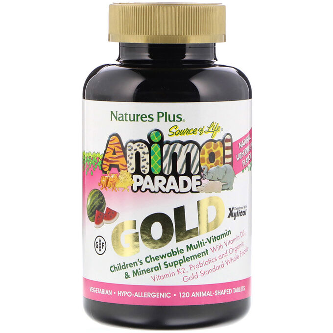 Nature&amp;#x27 - s Plus, Source of Life, Animal Parade Gold, жевательная добавка для детей с мультивитаминами и минералами, натуральный ароматизатор со вкусом арбуза, 120 таблеток в форме животных