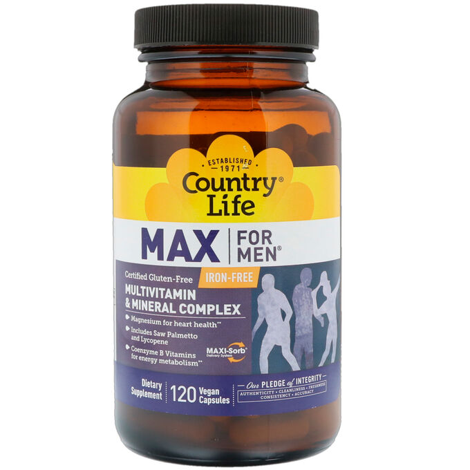 Country Life, Max for Men, мультивитаминный и минеральный комплекс, без железа, 120 веганских капсул