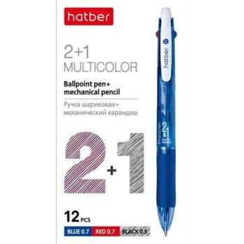 Hatber Ручка шариковая автоматическая  2+1(синий,красный+карандаш) 0,7мм игольч.пишущ.узел с резиновым грипом (058658) Хатбер {Китай}