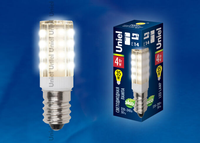 UNIEL Лампа для холодильника и швейной машины светодиодная  LED-Y16-4W/WW/E14/CL PLZ04WH. Прозрачная колба. Цвет свечения теплый белый.