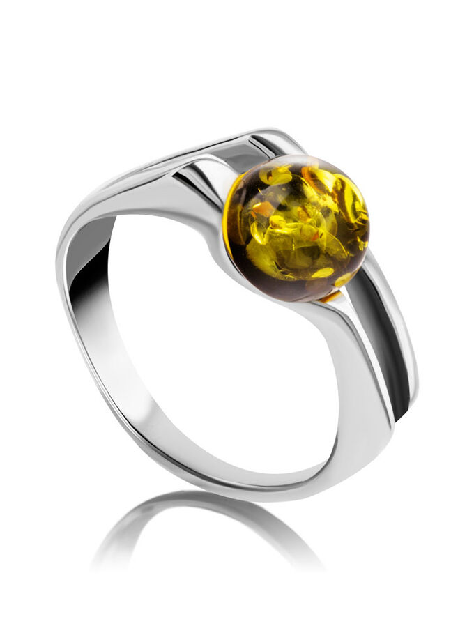 amberholl Стильное серебряное кольцо с зелёным янтарём «Токио»
