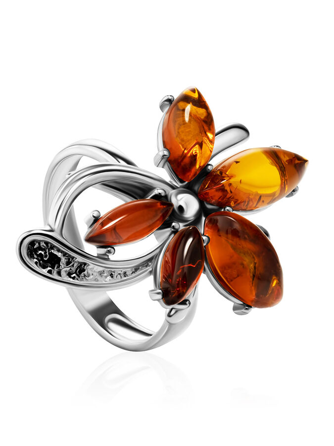 amberholl Эффектное кольцо из серебра и янтаря коньячного цвета «Барбарис»