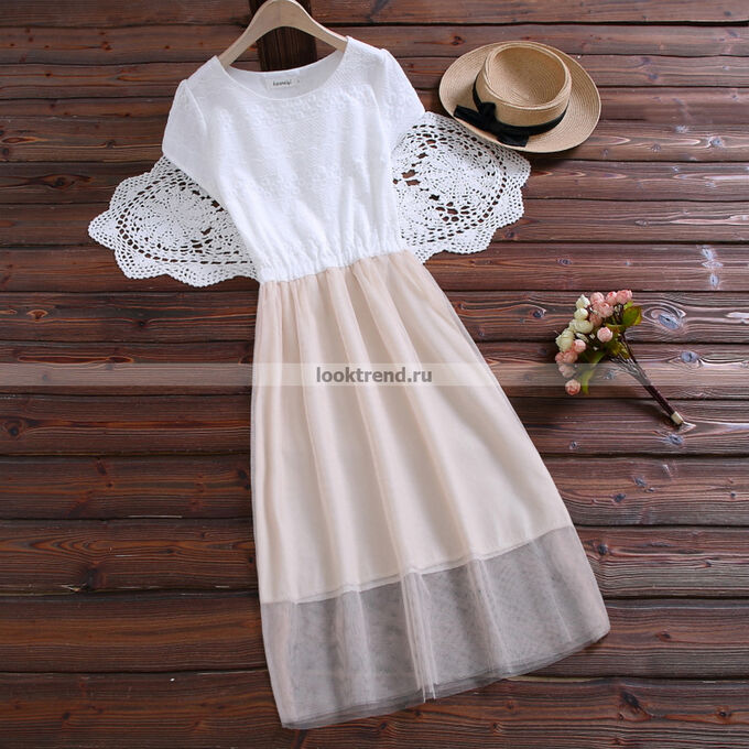 Бело-абрикосовое платье W-447