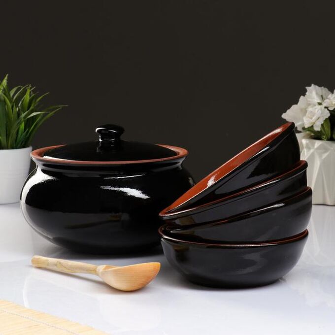 Набор посуды &quot;Вятская керамика&quot; 2,5л + 4х0,5л + деревянная ложка, черный