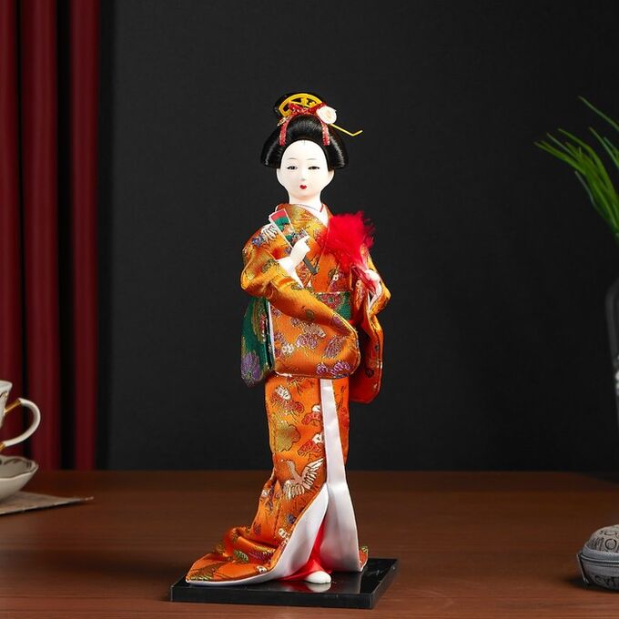 Дарим красиво Кукла коллекционная &quot;Гейша в оранжевом кимоно с веером&quot; 22,5 см