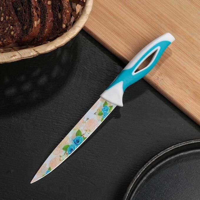 Нож кухонный с антиналипающим покрытием &quot;Райский сад&quot; лезвие 12,5 см, цвет голубой