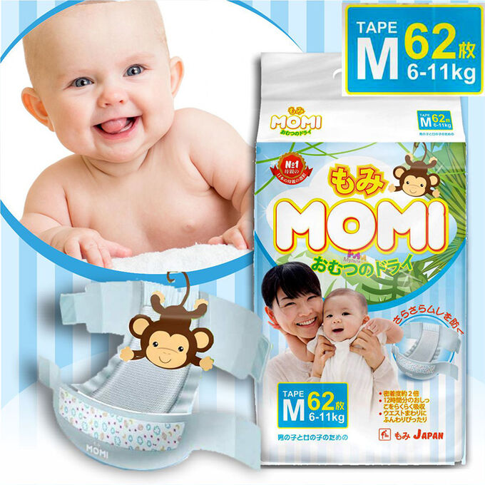 MOMI подгузники M ( 6-11 кг), 62 шт