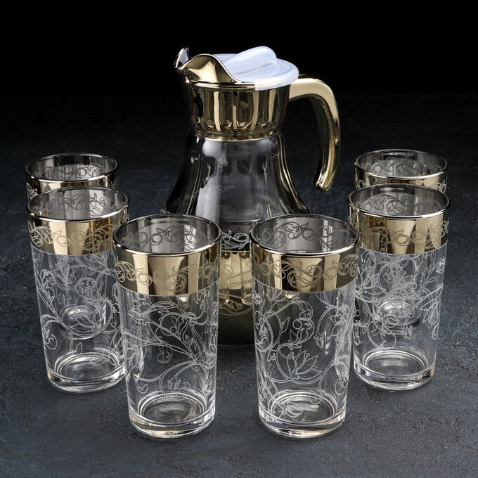 GiDGLASS Набор питьевой «Флора», 7 предметов: кувшин 1 л, стакан 230 мл, с гравировкой и напылением, 6 шт