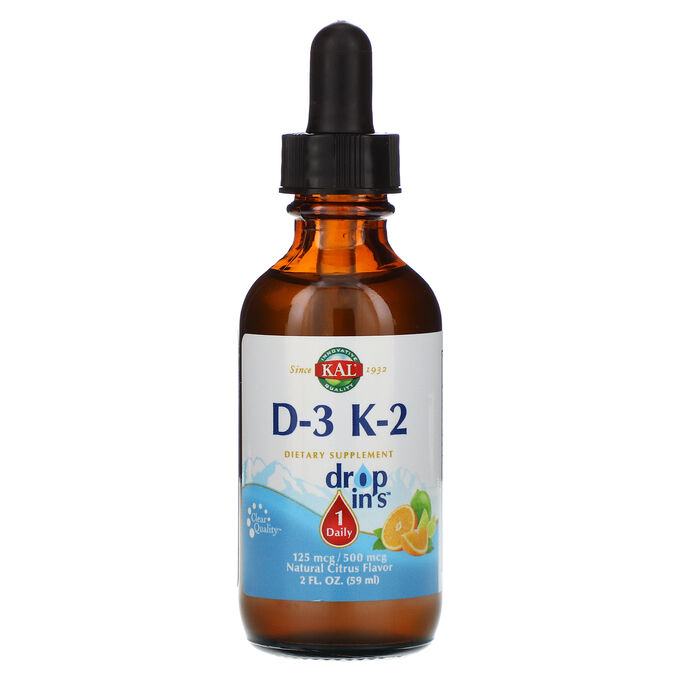 KAL, Drop Ins, витамины D-3 и K-2, натуральный цитрусовый вкус, 2 ж. унц. (59 мл)
