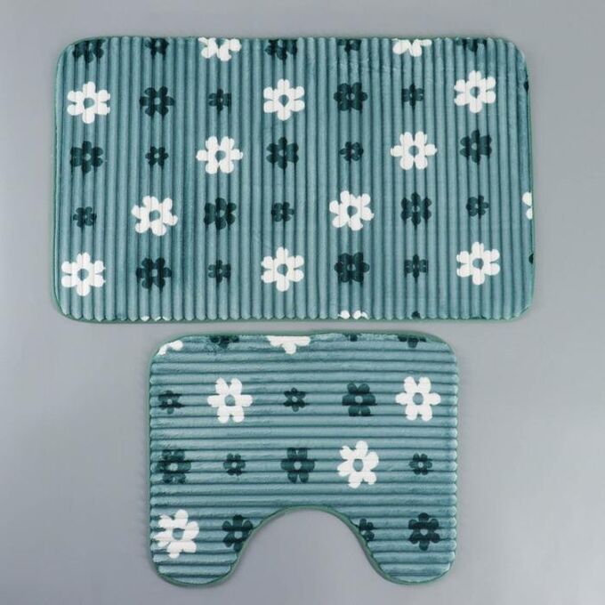 Набор ковриков для ванны и туалета «Ромашки», 2 шт: 50x80, 40x50 см, цвет синий