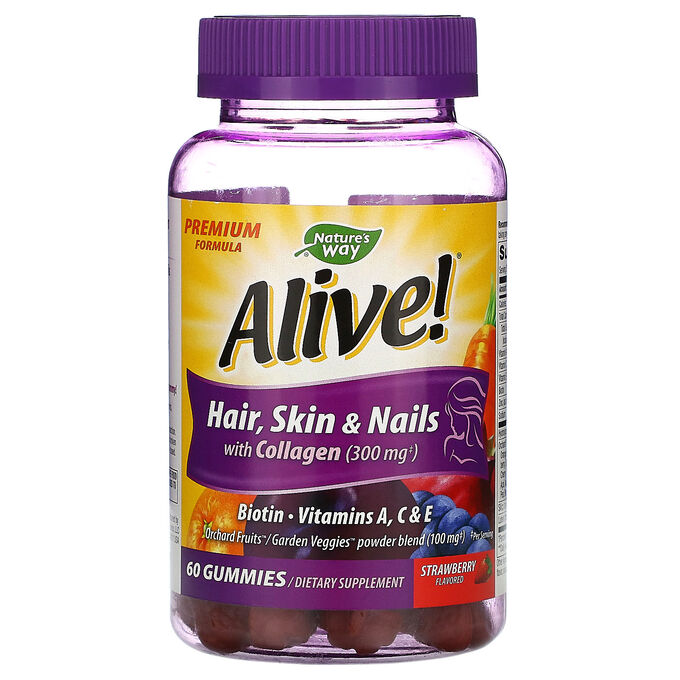 Nature&amp;#x27 - s Way, Alive! Для волос, кожи и ногтей -  содержит коллаген -  вкус клубники, 60 жевательных конфет