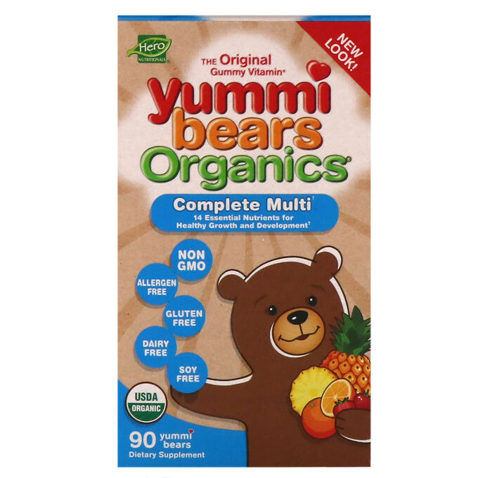 Hero Nutritional Products, Yummi Bears Organics, комплексный комплекс, органический вкус клубники, апельсина и ананаса, 90 мишек Yummi