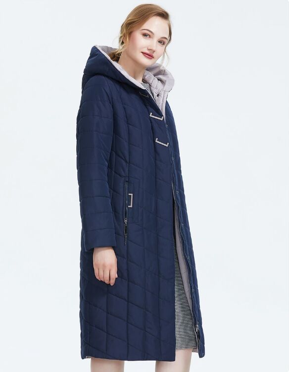 Зимнее женское пальто с капюшоном, цвет т.синий/бежевый
