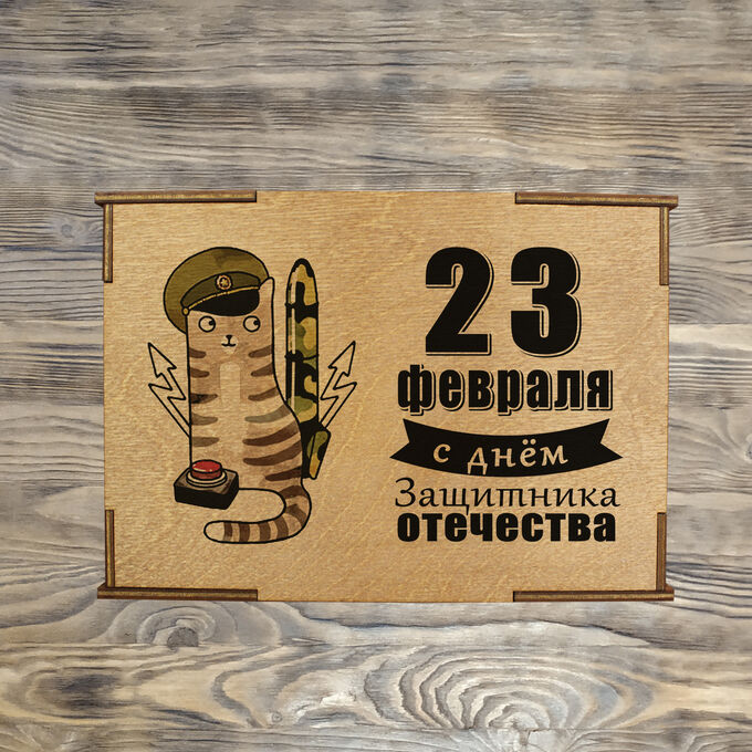 Коробка №4  &quot;23 февраля с днём защитника отечества Кот с ракетой 2 &quot;, дуб