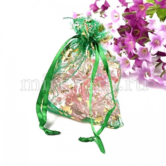 Подарочный Мешочек из органзы, Прозрачный, с Рисунком, Цвет: Зеленый, Размер: 9x7см, (УТ100010937)