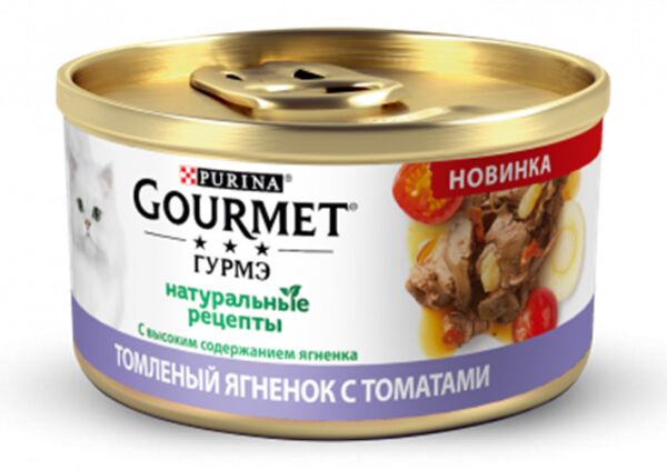 Gourmet Натуральные рецепты влажный корм для кошек Ягненок/Томаты 85гр консервы