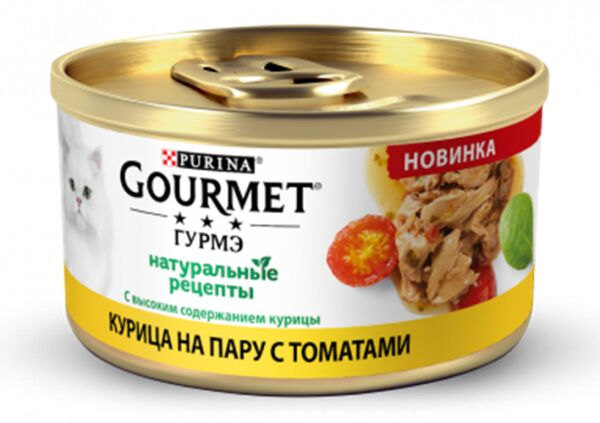 Gourmet Натуральные рецепты влажный корм для кошек Курица/Томаты 85гр консервы