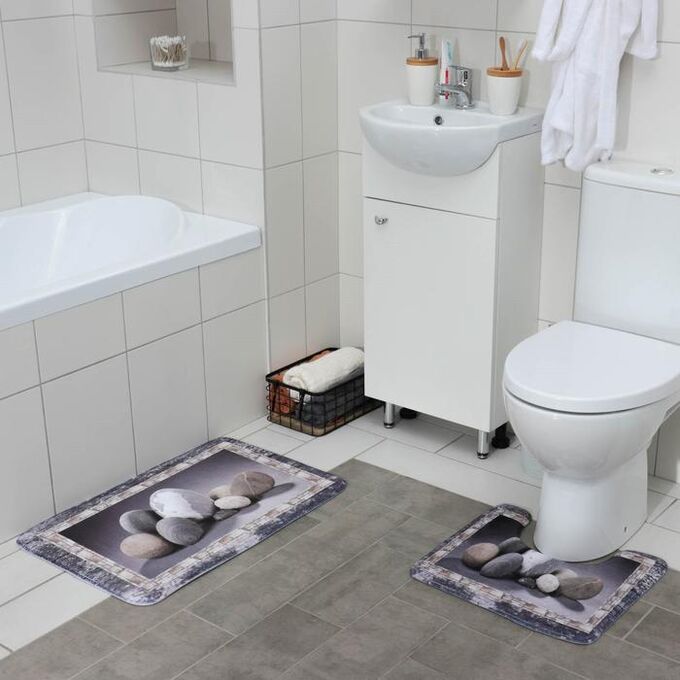 Набор ковриков для ванной и туалета Доляна «Камушки», 2 шт: 45x70, 39x45 см