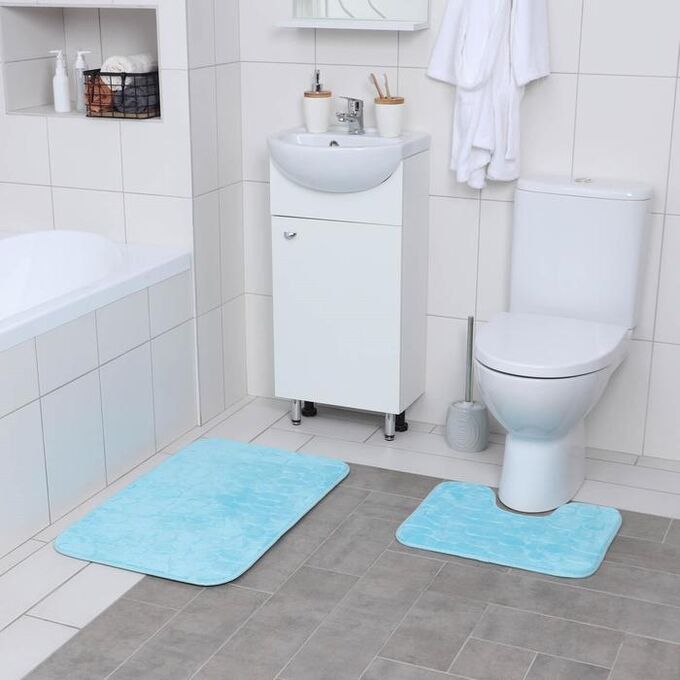 Набор ковриков для ванны и туалета Доляна «Галька, ракушки», 2 шт: 40x50, 50x80 см, цвет бирюзовый