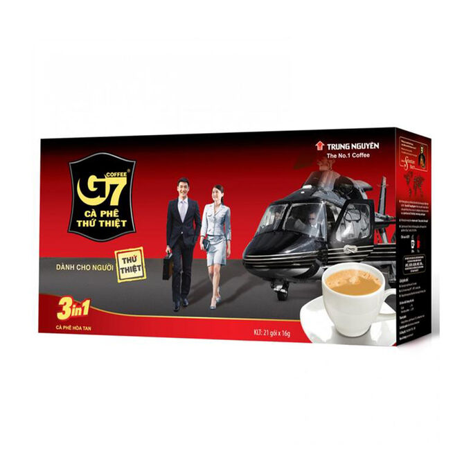 Растворимый кофе  фирмы «TrungNguyen» «G7» 3в1  Состав: кофе, сливки, сахар.  В 1 упаковке 21 пакетик по 16 грамм.
