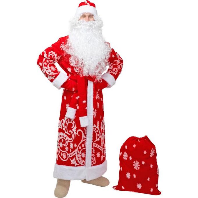 Карнавальный костюм &quot;Дед Мороз&quot;, шуба, шапка, варежки, пояс, мешок, р-р 52-54, рост 182 см