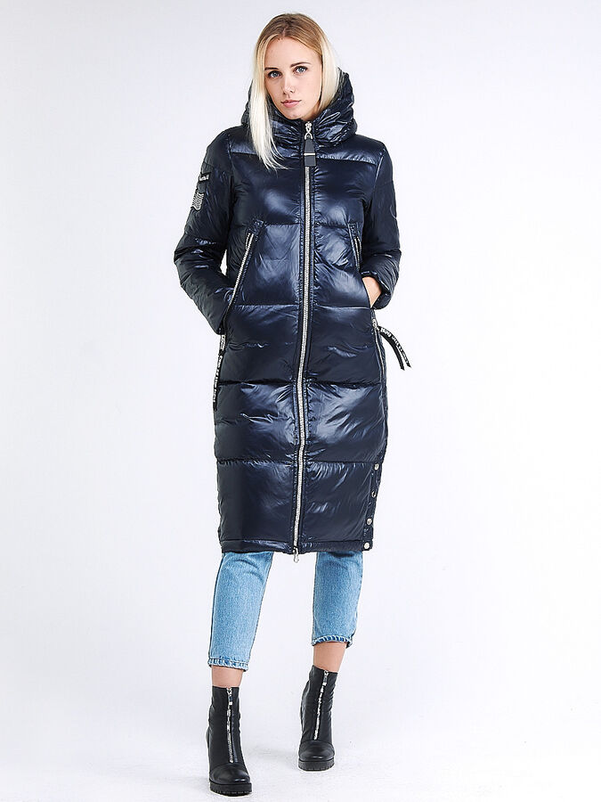 Женская зимняя классика куртка с капюшоном темно-синего цвета 1962_02TS