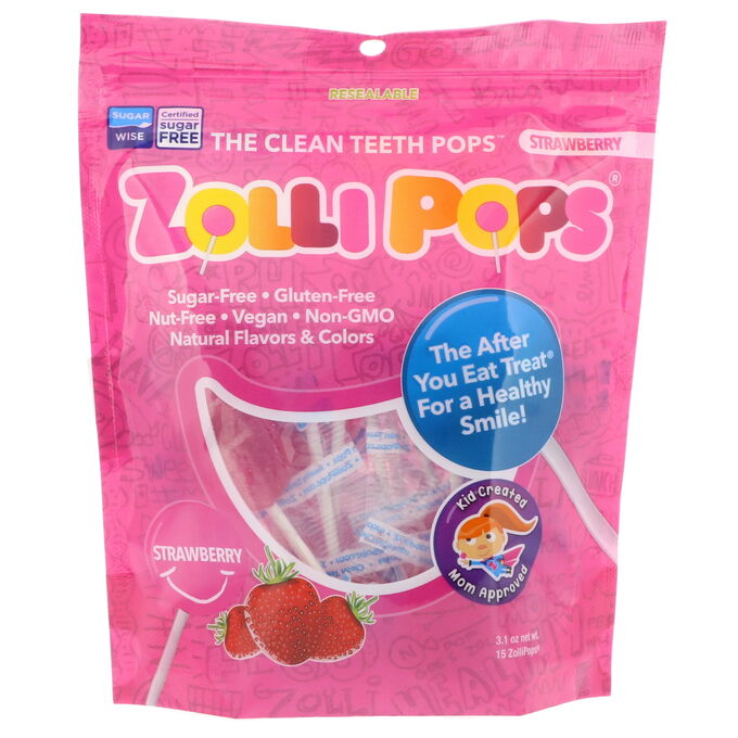 Zollipops, Леденцы на палочке The Clean Teeth Pops, с клубничным вкусом, 15 шт., (3,1 унц.)