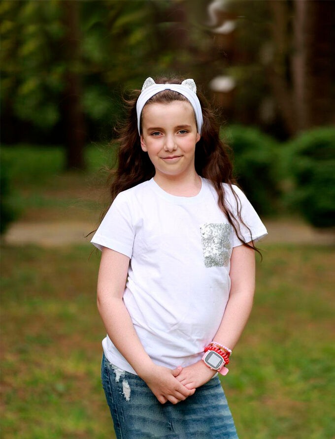 Русбубон Футболка для девочки, белая, карман с пайетками + повязка с ушками из пайеток, белая
