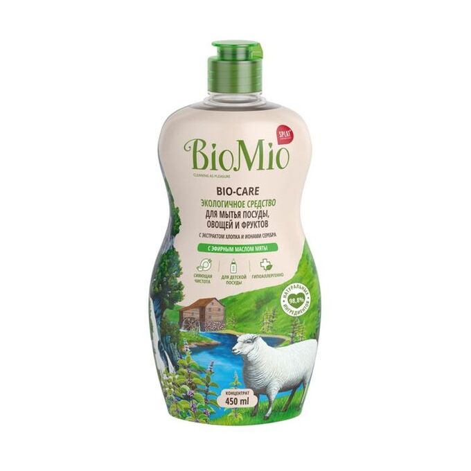 BIO-MIO Средство для мытья посуды, овощей и фруктов с маслом мяты, BioMio, 450мл