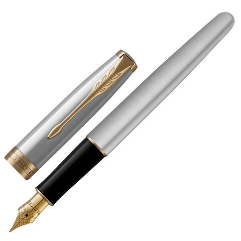 Ручка перьевая PARKER &quot;Sonnet Core Stainless Steel GT&quot;, корпус серебристый, позолоченные детали, черная, 1931504