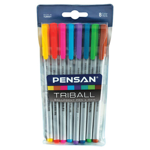 Ручки шариковые масляные PENSAN &quot;Triball Colored&quot;, НАБОР 8 шт., АССОРТИ, узел 1 мм, линия письма 0,5 мм, 1003/PVC8