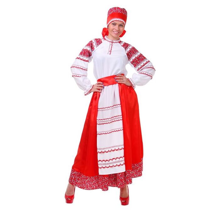 Русский женский костюм, блузка, юбка с фартуком, сорока, цвет красный, р-р 44, рост 172 см