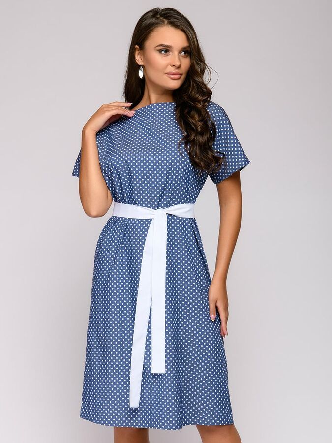 1001 Dress Платье синее в горошек с поясом и короткими рукавами