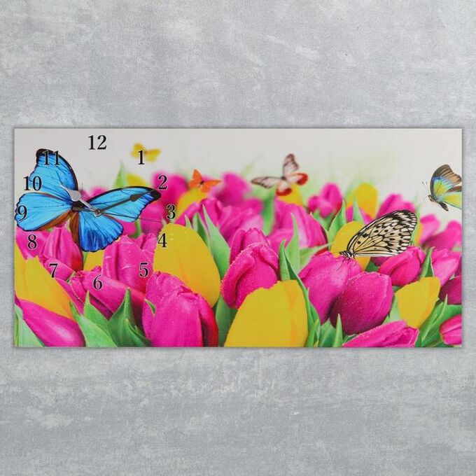 Часы настенные, на холсте, серия: Цветы, &quot;Бабочки и тюльпаны&quot;, 40х76  см, в ассортименте