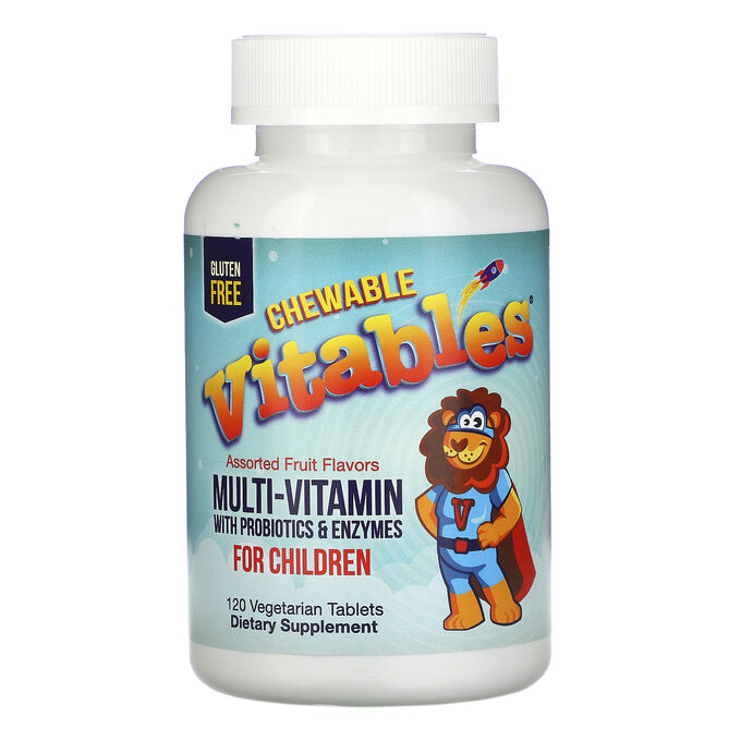 Vitables, Жевательные мультивитамины с пробиотиками и ферментами для детей, ассорти фруктовых вкусов, 120 таблеток растительного происхождения