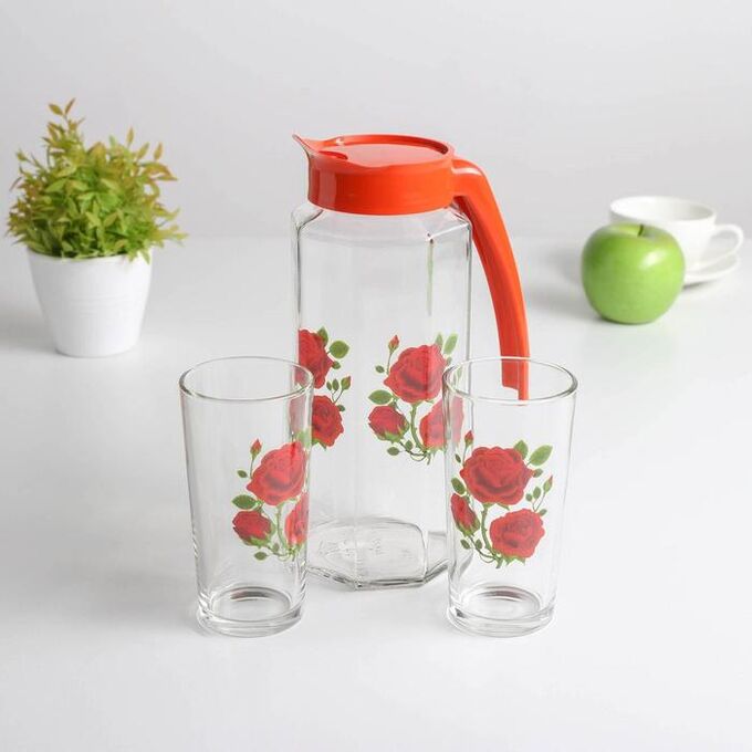 Набор питьевой «Алая роза», 3 предмета: кувшин 1 л, стакан 230 мл 2 шт