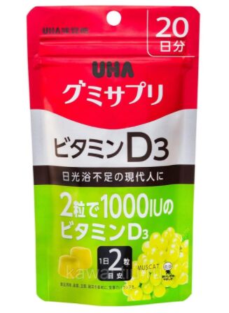 UHA Gummy Supple Жевательный Витамин D3 со вкусом винограда, 20 дней