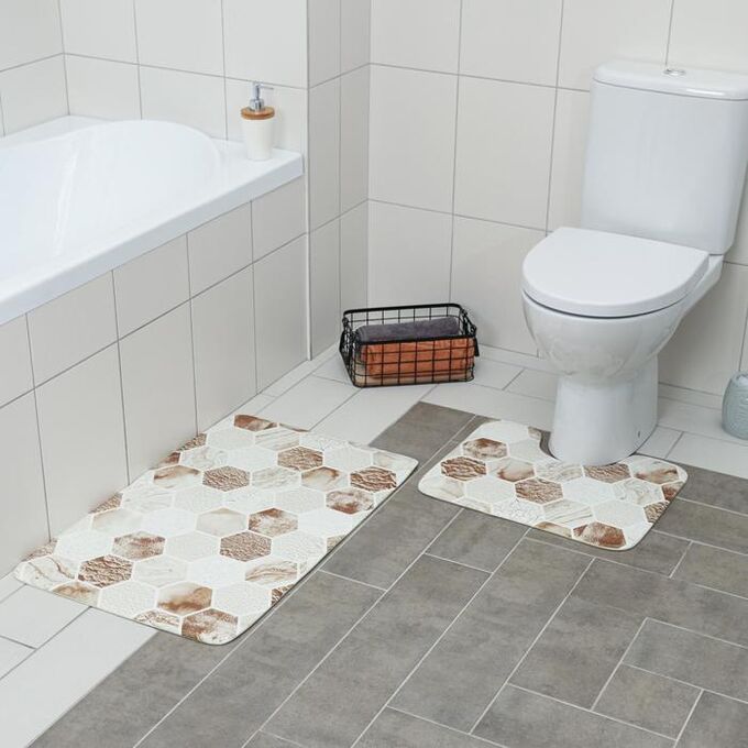 Набор ковриков для ванны и туалета  «Соты», 2 шт: 79?50, 50?39 см, цвет коричнево-бежевый