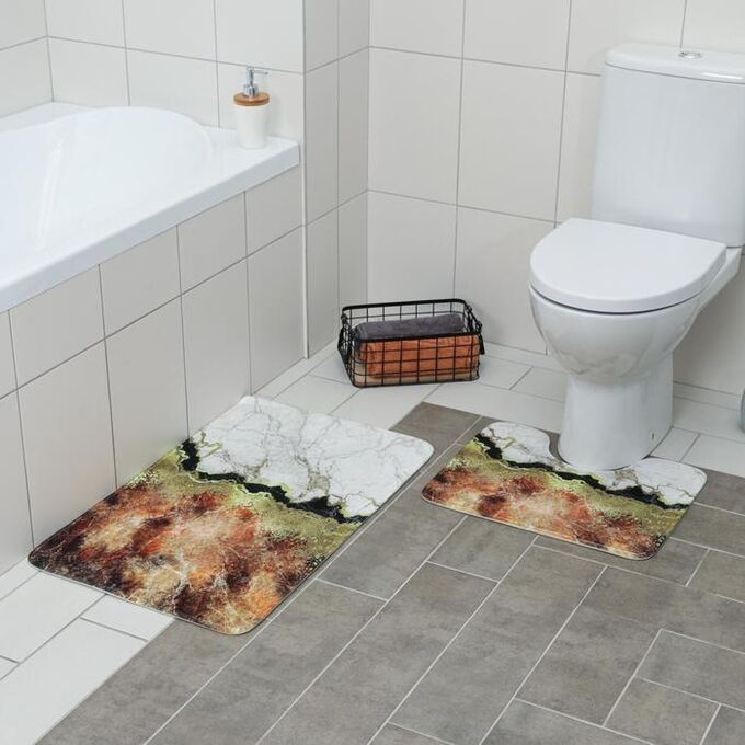 Набор ковриков для ванной и туалета Доляна «Мрамор», 2 шт: 79?50, 50?39 см, цвет коричнево-белый