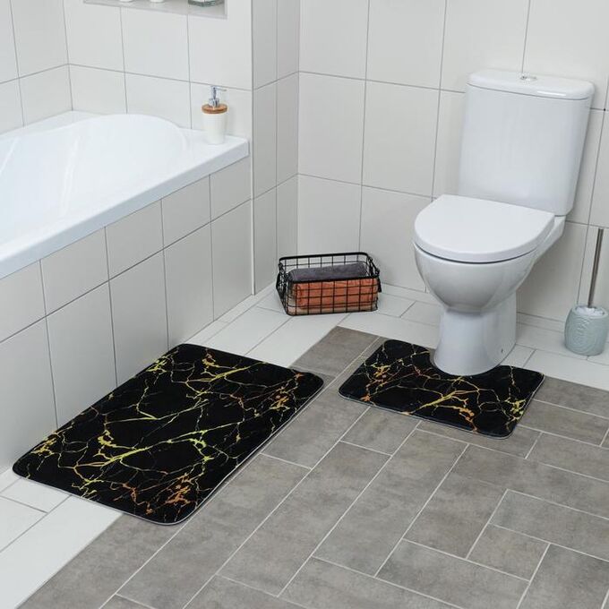 Набор ковриков для ванны и туалета  «Мрамор», 2 шт: 79?50, 50?39 см, цвет чёрный
