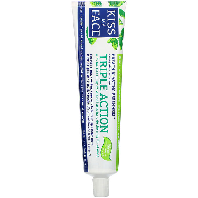 Kiss My Face, Triple Action Toothpaste with Tea Tree Oil, Xylitol &amp; Aloe, Fluoride Free, Cool Mint Gel, 4.5 oz (127.6 g)