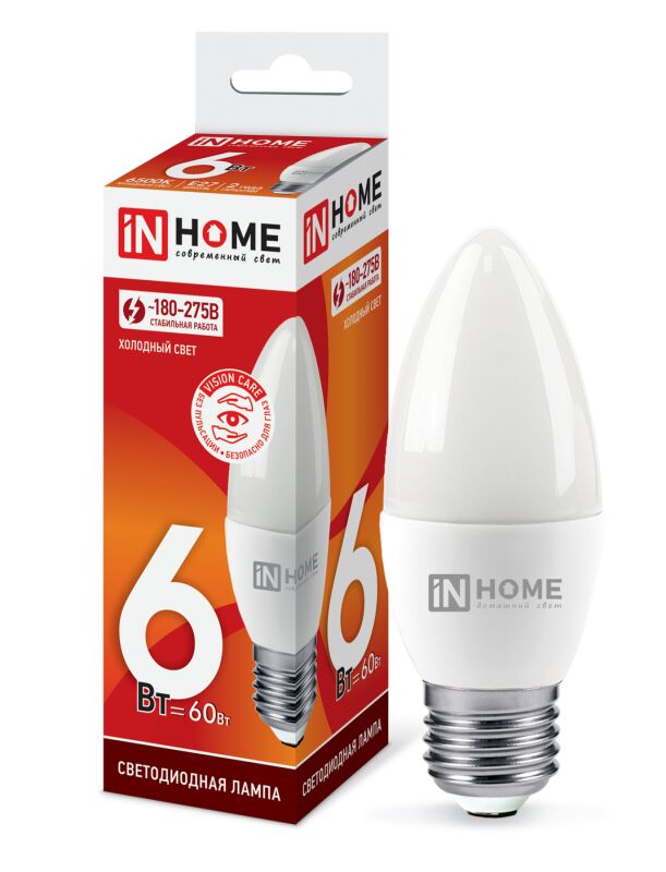Лампа светодиодная LED-СВЕЧА-VC 6Вт 230В Е27 6500К 540Лм IN HOME