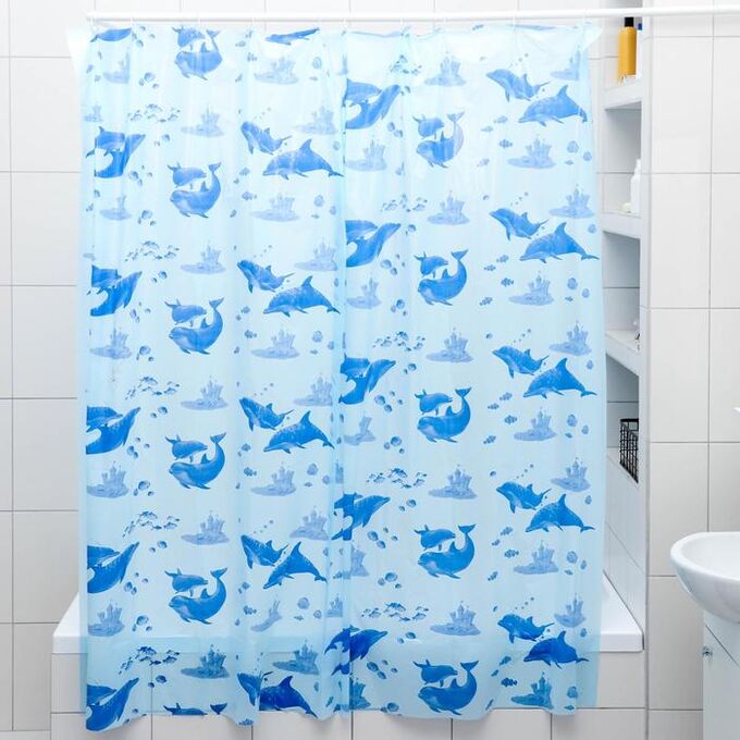 СИМА-ЛЕНД Штора для ванной комнаты «Дельфины», 180?180 см, полиэтилен, цвет голубой