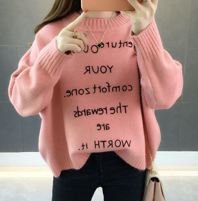 Осенне-зимний свободный свитер с буквами розовый