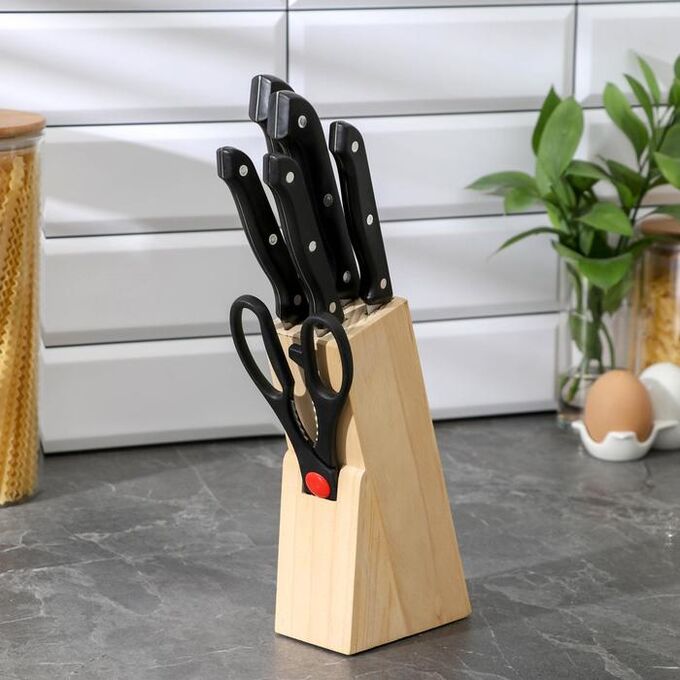 СИМА-ЛЕНД Набор кухонный на подставке, 6 предметов: ножи 8 см, 11 см, 13 см, 19 см, 20 см, ножницы, цвет чёрный