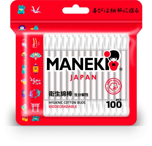Палочки ватные гигиен. &quot;Maneki&quot; RED, с белым бум. стиком, в zip-пакете, 100 шт./упак