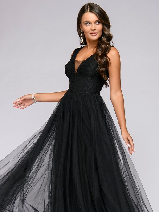 1001 Dress Платье черное длины макси с кружевной отделкой без рукавов